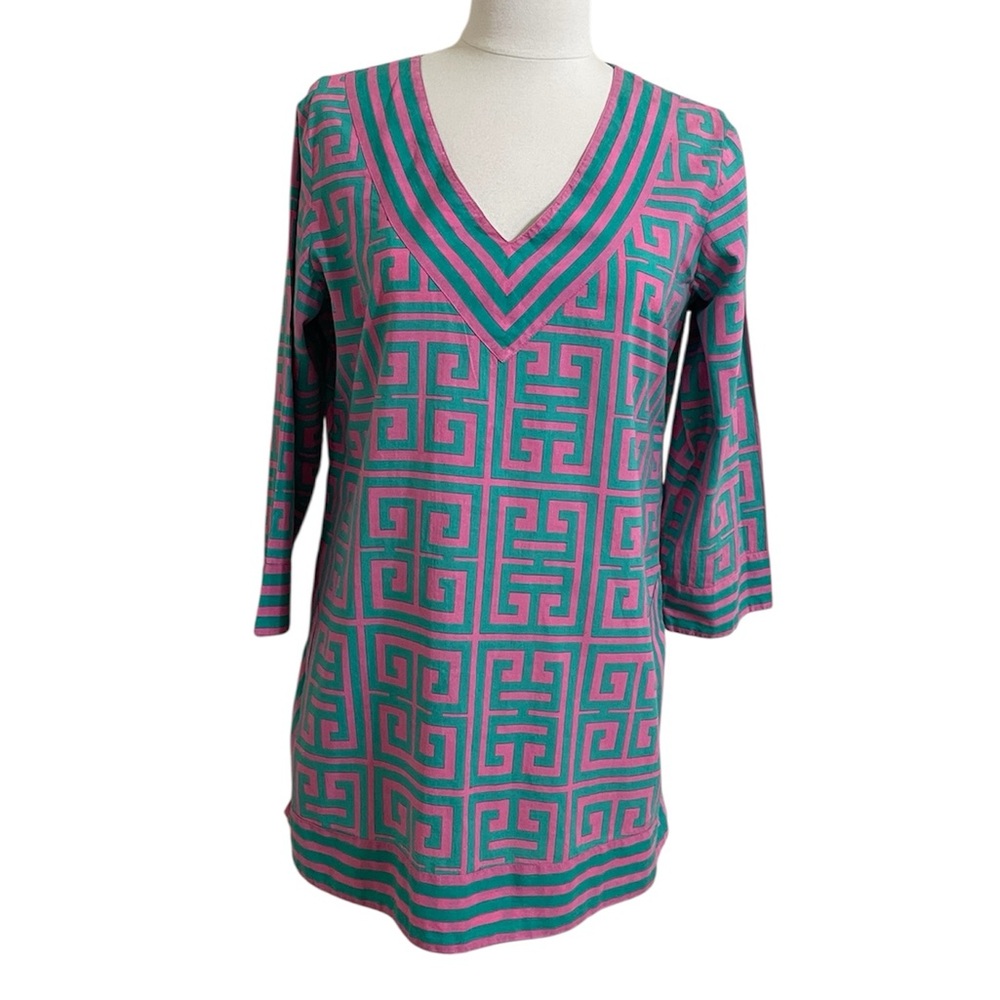 GRETCHEN SCOTT Pink Green Geometric Greek Key Cotton Print Swim Coverup Tunic
